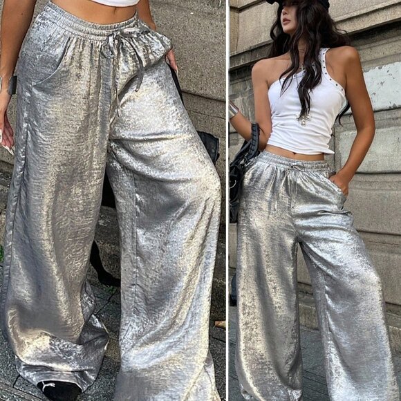 Silver Women's wide legged loose fit Pants - Picture 1 of 8